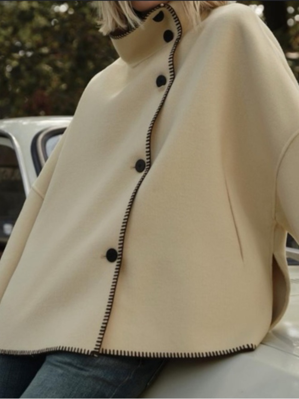 Zara High-Collar Cropped Wool Blend Buttoned Jacket - Picture 5 of 7